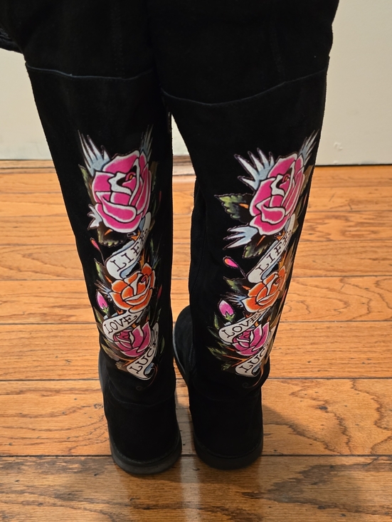 Ed Hardy Shoes - Ed Hardy Black Women's Knee-High Boots with Pink & Orange Rose Embroidery